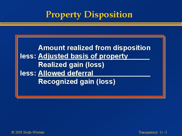 Property Disposition Amount realized from disposition less: Adjusted basis of property Realized gain (loss)
