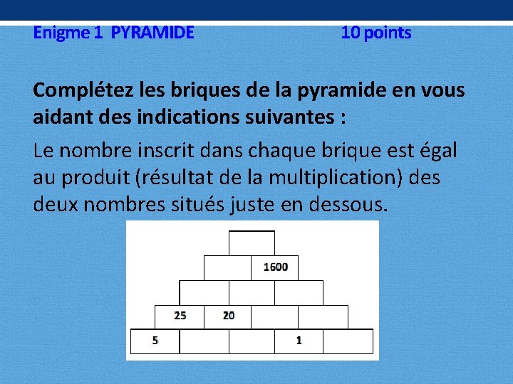 Enigme 1 PYRAMIDE 10 points Complétez les briques de la pyramide en vous aidant