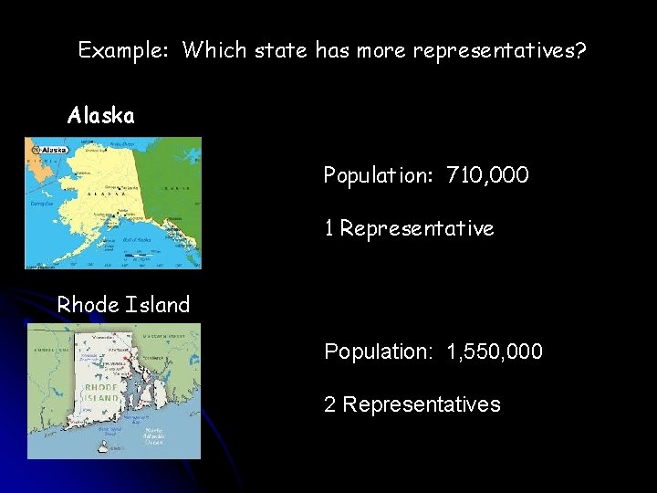 Example: Which state has more representatives? Alaska Population: 710, 000 1 Representative Rhode Island