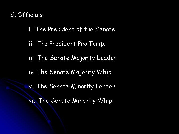 C. Officials i. The President of the Senate ii. The President Pro Temp. iii