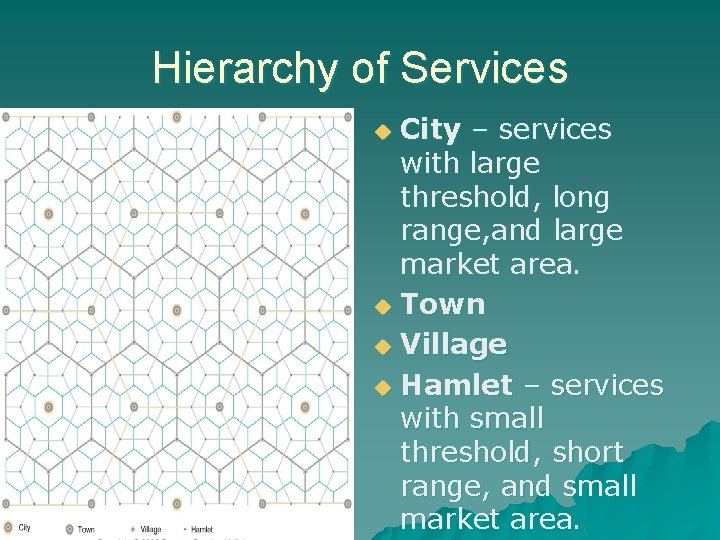 Hierarchy of Services City – services with large threshold, long range, and large market
