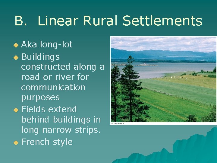B. Linear Rural Settlements Aka long-lot u Buildings constructed along a road or river