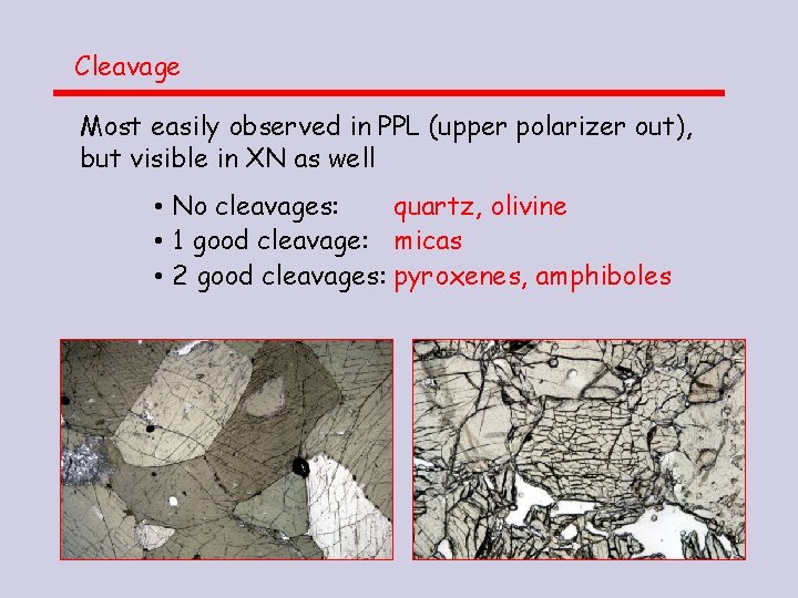 Cleavage Most easily observed in PPL (upper polarizer out), but visible in XN as