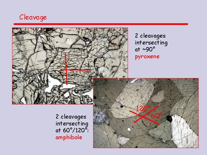 Cleavage 2 cleavages intersecting at ~90° pyroxene 2 cleavages intersecting at 60°/120°: amphibole 120°
