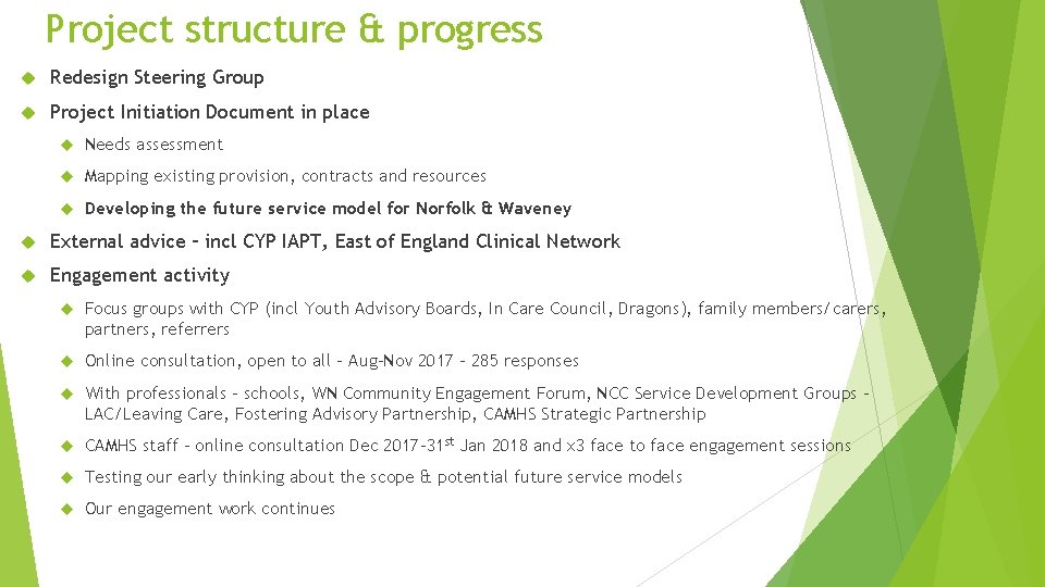 Project structure & progress Redesign Steering Group Project Initiation Document in place Needs assessment