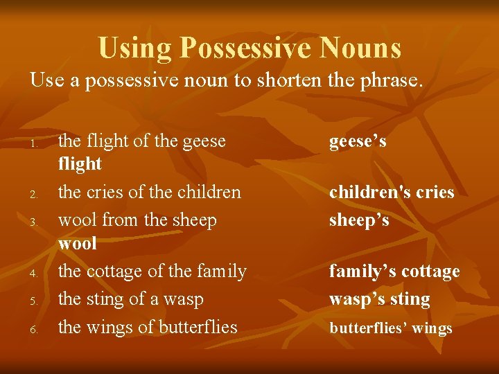 Using Possessive Nouns Use a possessive noun to shorten the phrase. 1. 2. 3.