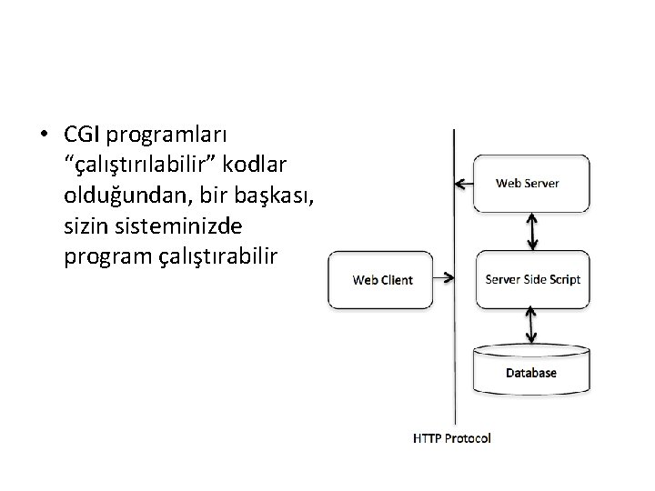 • CGI programları “çalıştırılabilir” kodlar olduğundan, bir başkası, sizin sisteminizde program çalıştırabilir • CGI programları “çalıştırılabilir” kodlar olduğundan, bir başkası, sizin sisteminizde program çalıştırabilir