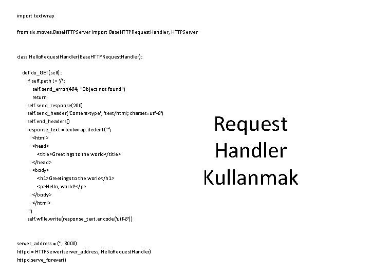import textwrap from six. moves. Base. HTTPServer import Base. HTTPRequest. Handler, HTTPServer class Hello. import textwrap from six. moves. Base. HTTPServer import Base. HTTPRequest. Handler, HTTPServer class Hello.
