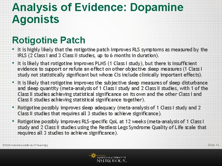 Analysis of Evidence: Dopamine Agonists Rotigotine Patch • It is highly likely that the