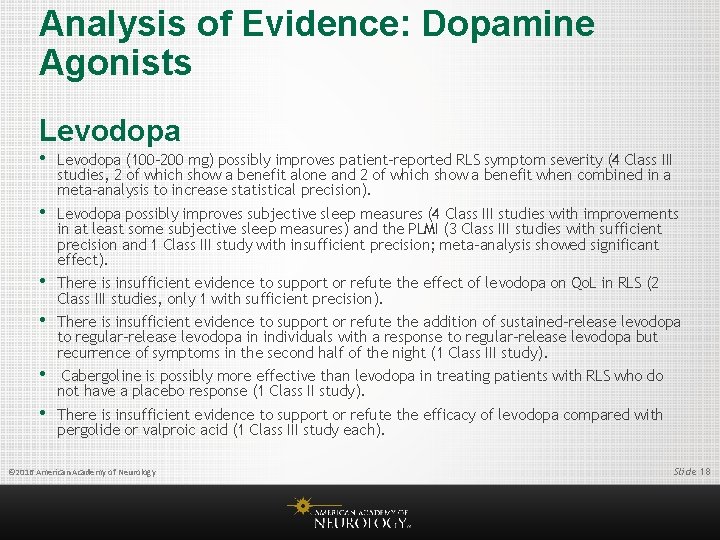 Analysis of Evidence: Dopamine Agonists Levodopa • Levodopa (100– 200 mg) possibly improves patient-reported