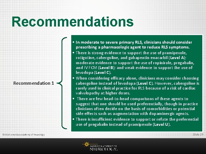 Recommendations Recommendation 1 © 2016 American Academy of Neurology • In moderate to severe