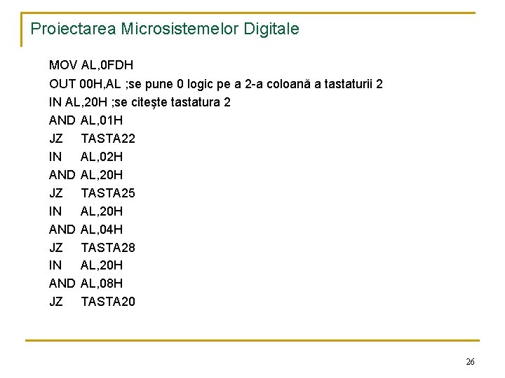 Proiectarea Microsistemelor Digitale MOV AL, 0 FDH OUT 00 H, AL ; se pune