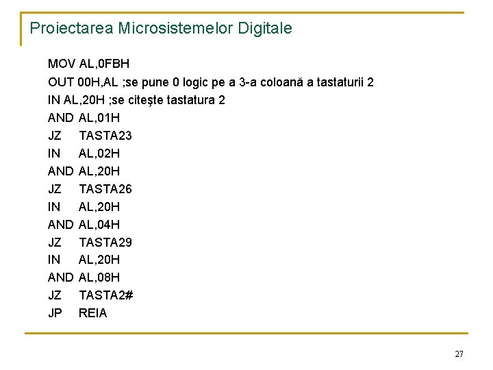 Proiectarea Microsistemelor Digitale MOV AL, 0 FBH OUT 00 H, AL ; se pune