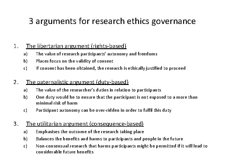3 arguments for research ethics governance 1. The libertarian argument (rights-based) a) b) c) 3 arguments for research ethics governance 1. The libertarian argument (rights-based) a) b) c)