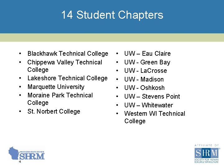 14 Student Chapters • Blackhawk Technical College • Chippewa Valley Technical College • Lakeshore