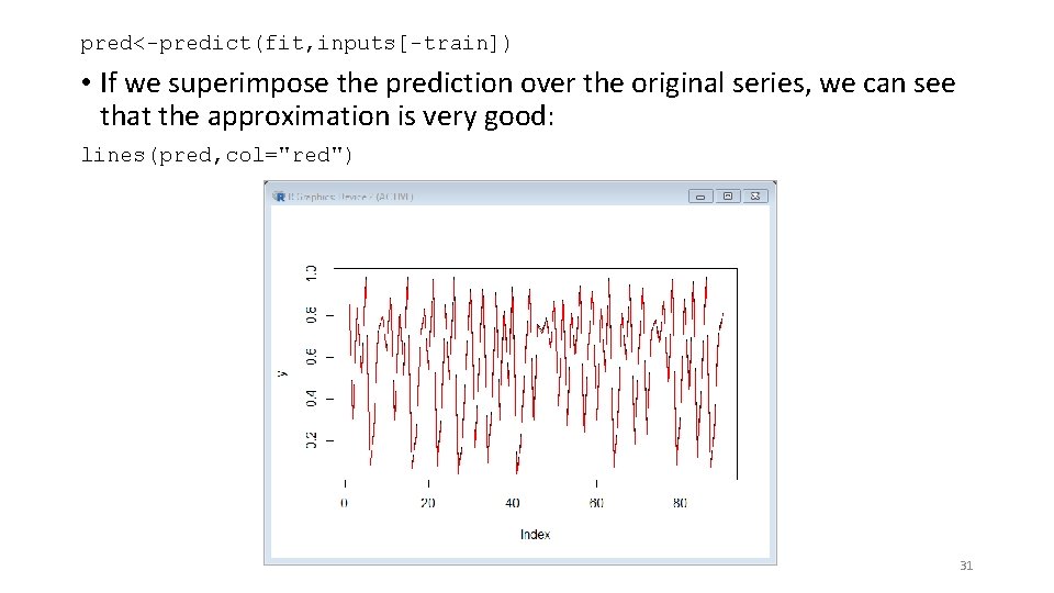 pred<-predict(fit, inputs[-train]) • If we superimpose the prediction over the original series, we can