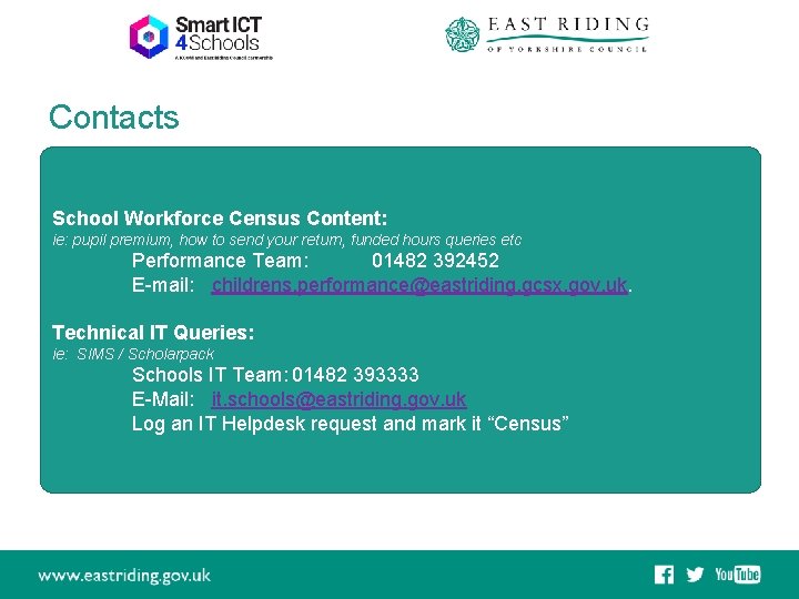 Contacts School Workforce Census Content: ie: pupil premium, how to send your return, funded