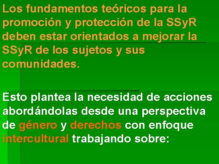 Los fundamentos teóricos para la promoción y protección de la SSy. R deben estar