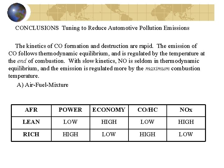 CONCLUSIONS Tuning to Reduce Automotive Pollution Emissions The kinetics of CO formation and destruction