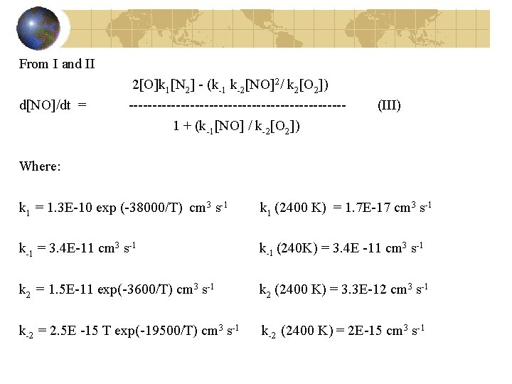 From I and II 2[O]k 1[N 2] - (k-1 k-2[NO]2/ k 2[O 2]) d[NO]/dt