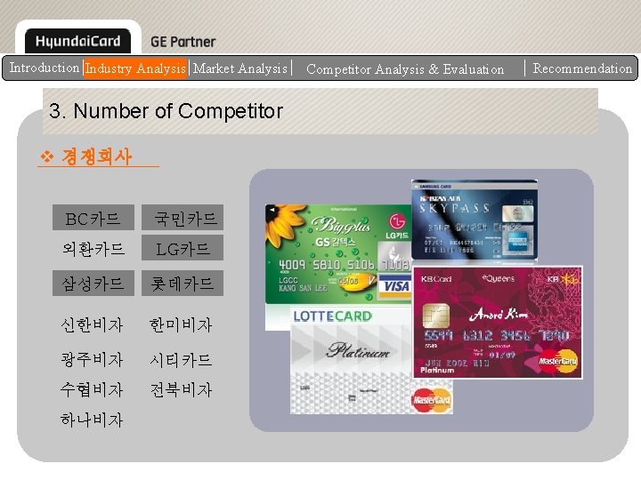 Introduction Industry Analysis Market Analysis 3. Number of Competitor v 경쟁회사 BC카드 국민카드 외환카드