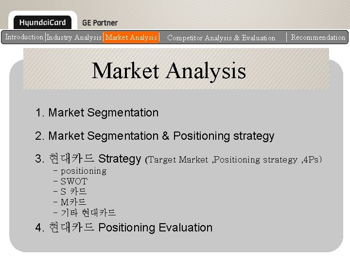 Introduction Industry Analysis Market Analysis Competitor Analysis & Evaluation Recommendation Market Analysis 1. Market