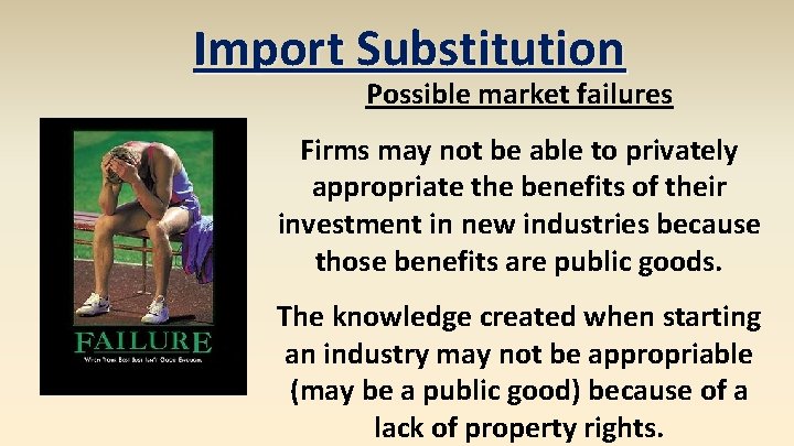 Import Substitution Possible market failures Firms may not be able to privately appropriate the