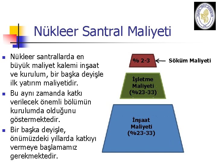 Nükleer Santral Maliyeti n n n Nükleer santrallarda en büyük maliyet kalemi inşaat ve