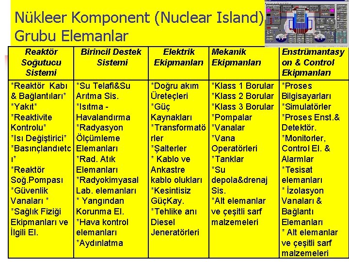 Nükleer Komponent (Nuclear Island) Grubu Elemanlar Reaktör Soğutucu Sistemi *Reaktör Kabı & Bağlantıları* *Yakıt*