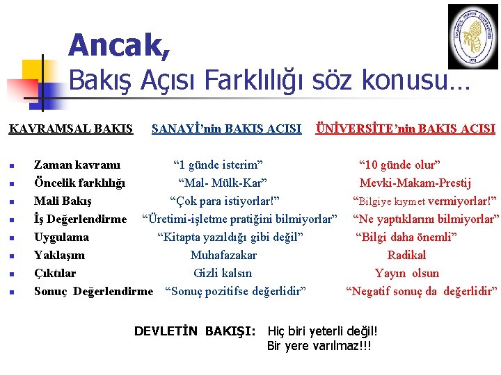 Ancak, Bakış Açısı Farklılığı söz konusu… KAVRAMSAL BAKIŞ n n n n SANAYİ’nin BAKIŞ Ancak, Bakış Açısı Farklılığı söz konusu… KAVRAMSAL BAKIŞ n n n n SANAYİ’nin BAKIŞ