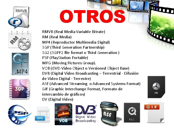 OTROS RMVB (Real Media Variable Bitrate) RM (Real Media) MP 4 (Reproductor Multimedia Digital)