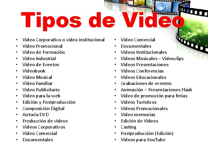 Tipos de Video • • • • • Video Corporativo o video institucional Video