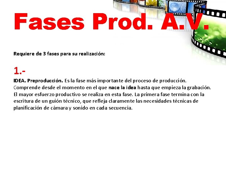 Fases Prod. A. V. Requiere de 3 fases para su realización: 1. - IDEA.
