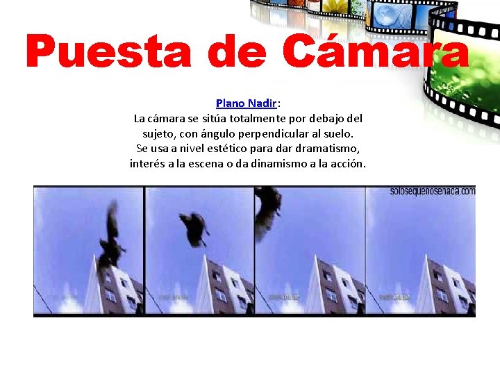 Puesta de Cámara Plano Nadir: La cámara se sitúa totalmente por debajo del sujeto,