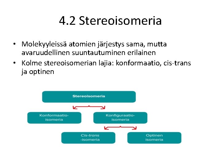 4. 2 Stereoisomeria • Molekyyleissä atomien järjestys sama, mutta avaruudellinen suuntautuminen erilainen • Kolme
