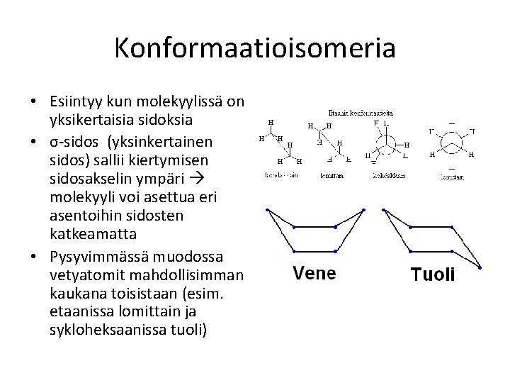 Konformaatioisomeria • Esiintyy kun molekyylissä on yksikertaisia sidoksia • σ-sidos (yksinkertainen sidos) sallii kiertymisen