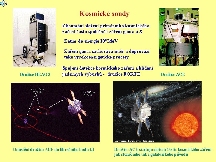 Kosmické sondy Zkoumání složení primárního kosmického záření často společně i záření gama a X