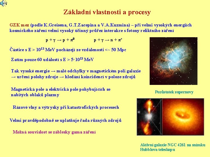 Základní vlastnosti a procesy GZK mez (podle K. Greisena, G. T. Zacepina a V.