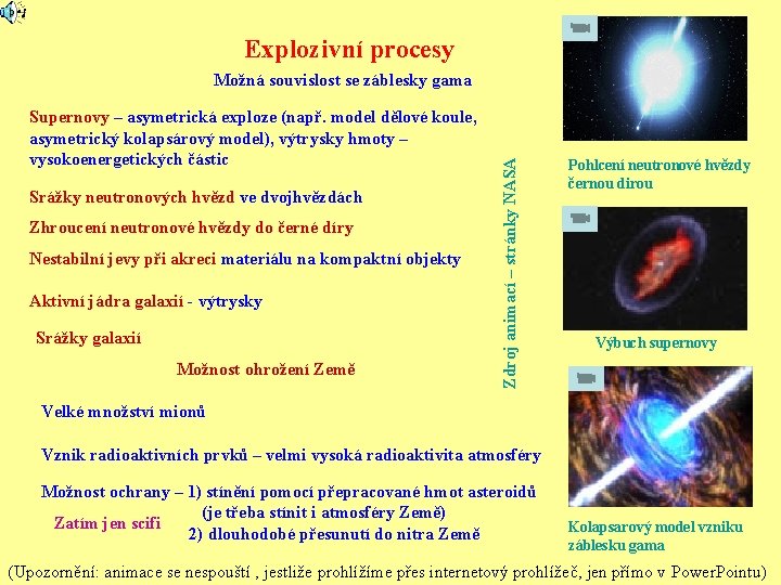 Explozivní procesy Supernovy – asymetrická exploze (např. model dělové koule, asymetrický kolapsárový model), výtrysky