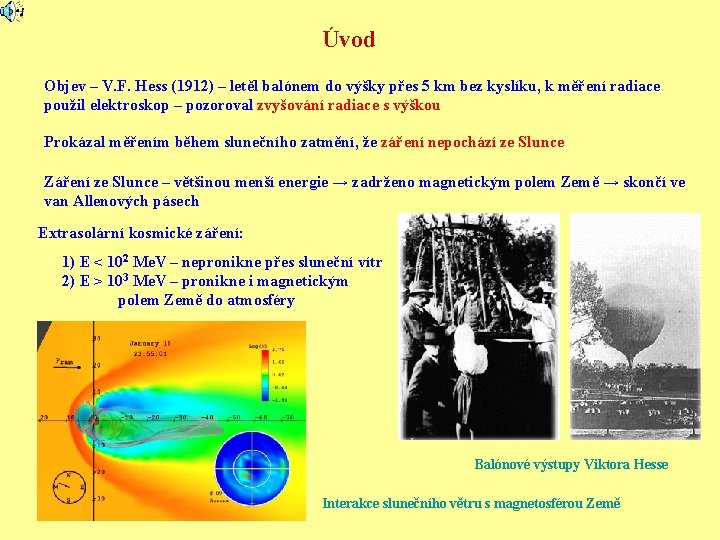 Úvod Objev – V. F. Hess (1912) – letěl balónem do výšky přes 5