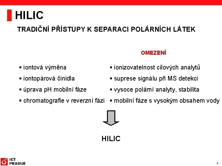 HILIC TRADIČNÍ PŘÍSTUPY K SEPARACI POLÁRNÍCH LÁTEK OMEZENÍ § iontová výměna § ionizovatelnost cílových