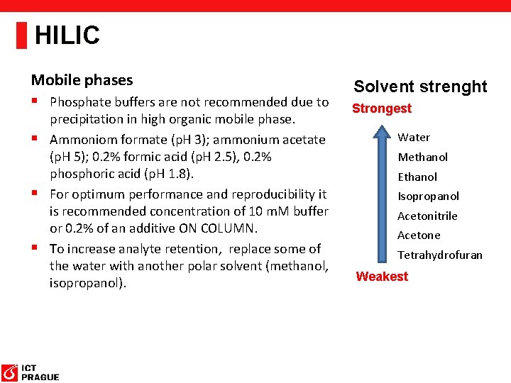 HILIC Mobile phases § Phosphate buffers are not recommended due to precipitation in high