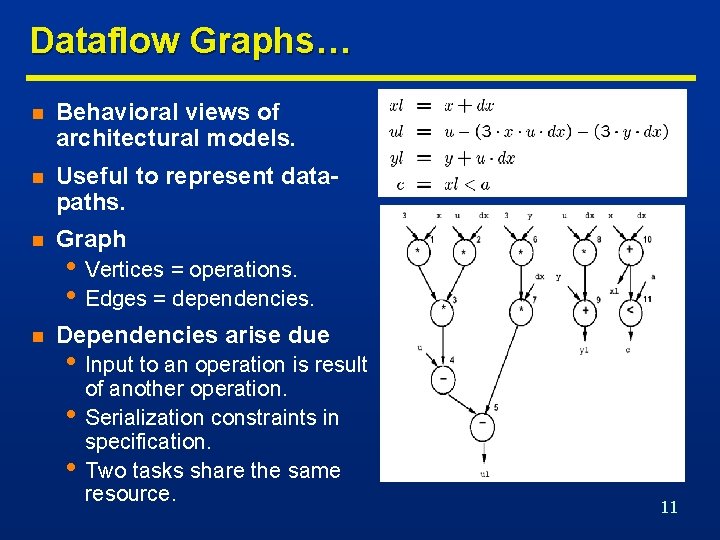 Dataflow Graphs… n Behavioral views of architectural models. n Useful to represent datapaths. n