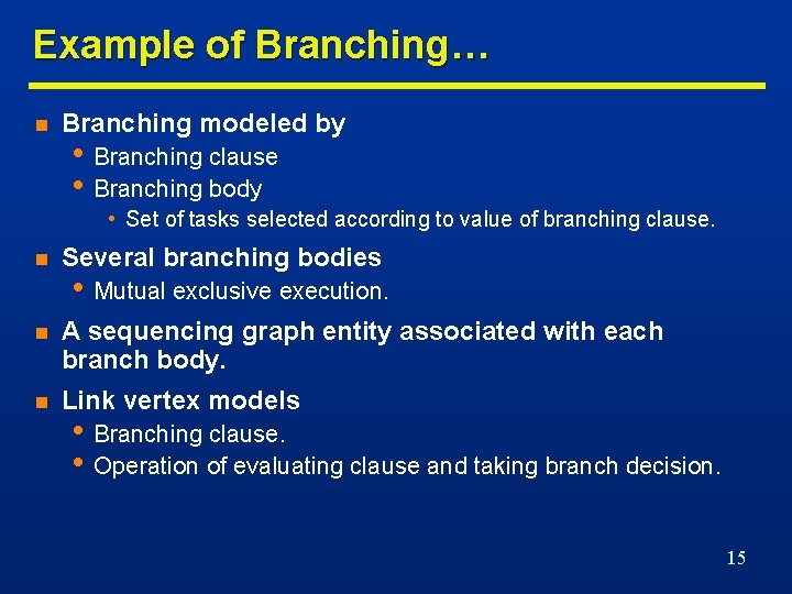 Example of Branching… n Branching modeled by • Branching clause • Branching body •