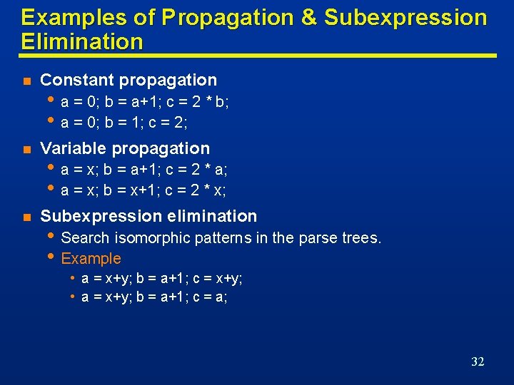 Examples of Propagation & Subexpression Elimination n Constant propagation n Variable propagation n Subexpression