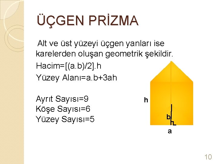 ÜÇGEN PRİZMA Alt ve üst yüzeyi üçgen yanları ise karelerden oluşan geometrik şekildir. Hacim=[(a.