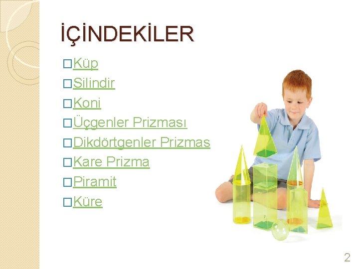 İÇİNDEKİLER �Küp �Silindir �Koni �Üçgenler Prizması �Dikdörtgenler Prizması �Kare Prizma �Piramit �Küre 2 