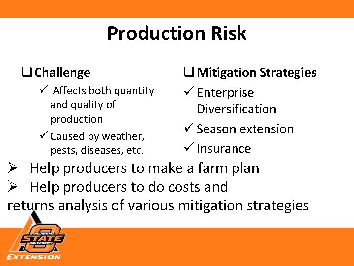 Production Risk q Challenge ü Affects both quantity and quality of production ü Caused