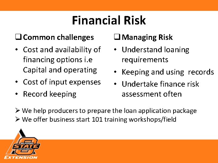 Financial Risk q Common challenges • Cost and availability of financing options i. e