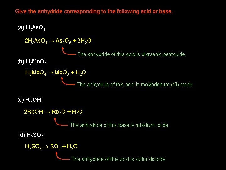 Give the anhydride corresponding to the following acid or base. (a) H 3 As.